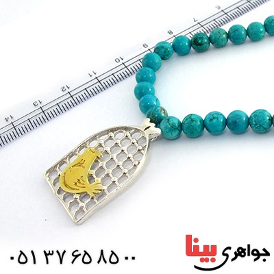 سینه ریز نقره مرغ آمین با زنجیر فیروزه هیمالیا _کد:10337