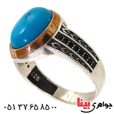 انگشتر نقره مردانه نگین فیروزه ای دور طلایی _کد:10390