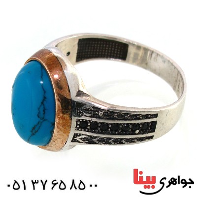 انگشتر نقره مردانه نگین فیروزه ای دور طلایی _کد:10390