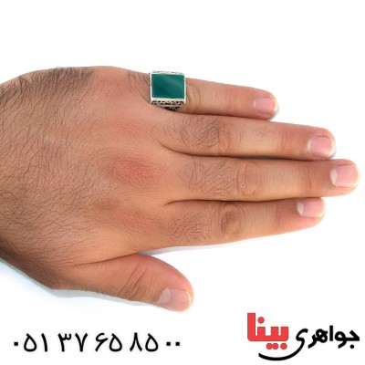 انگشتر عقیق سبز مردانه مربعی درشت یا فاطمه(س) _کد:10483