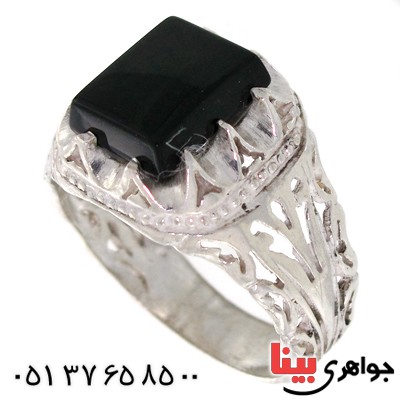 انگشتر عقیق سیاه (اونیکس) مربعی مردانه اسلیمی شبکه ای _کد:10544