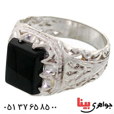 انگشتر عقیق سیاه (اونیکس) مربعی مردانه اسلیمی شبکه ای _کد:10544