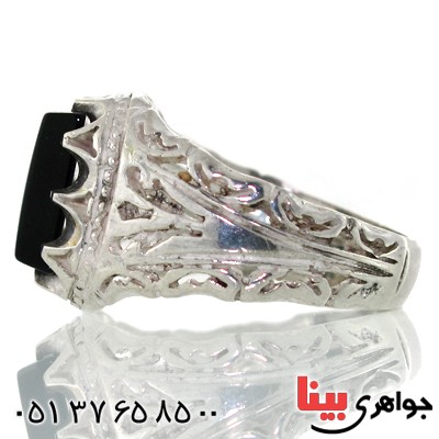 انگشتر عقیق سیاه (اونیکس) مربعی مردانه اسلیمی شبکه ای _کد:10544