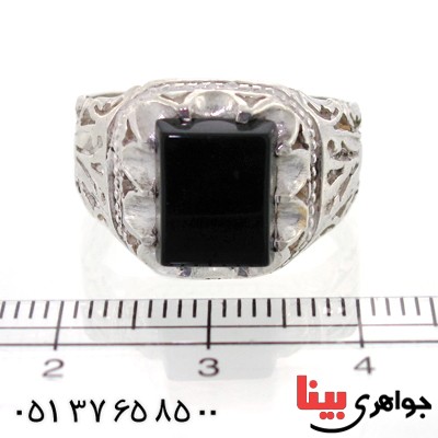 انگشتر عقیق سیاه (اونیکس) مربعی مردانه اسلیمی شبکه ای _کد:10544