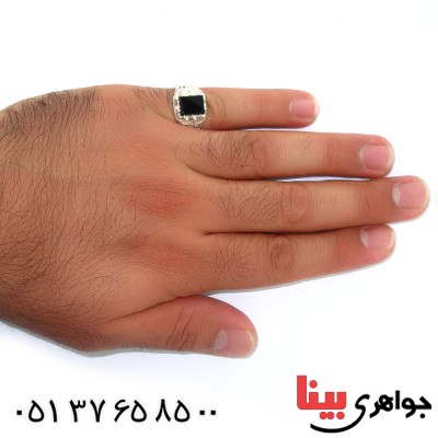 انگشتر عقیق سیاه (اونیکس) مربعی مردانه اسلیمی شبکه ای _کد:10544