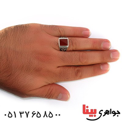 انگشتر عقیق قرمز مربعی مردانه مدل گلستان _کد:10574