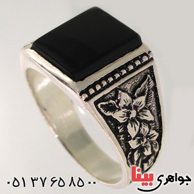 انگشتر عقیق سیاه (اونیکس) مربعی مردانه مدل گلستان _کد:10598