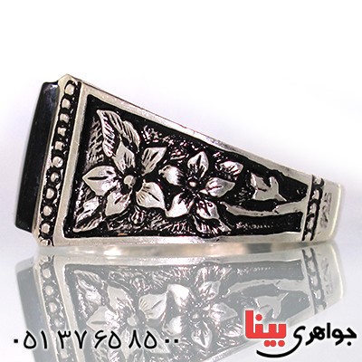 انگشتر عقیق سیاه (اونیکس) مربعی مردانه مدل گلستان _کد:10598