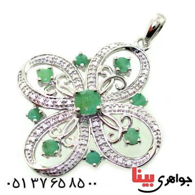 گردنبند چند جواهر زمرد و الماس مانی ایتالیایی مدل گل _کد:10614