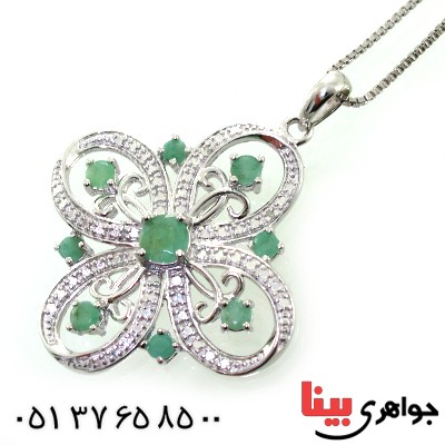 گردنبند چند جواهر زمرد و الماس مانی ایتالیایی مدل گل _کد:10614