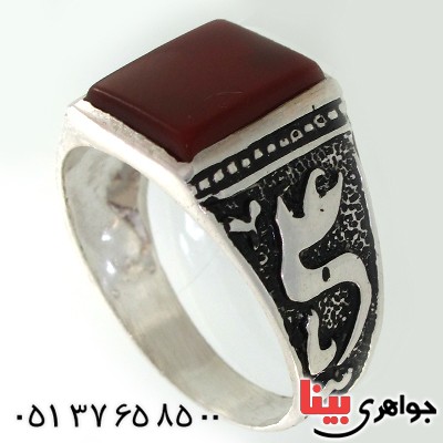 انگشتر عقیق قرمز مربعی مردانه یا علی (ع) _کد:10644