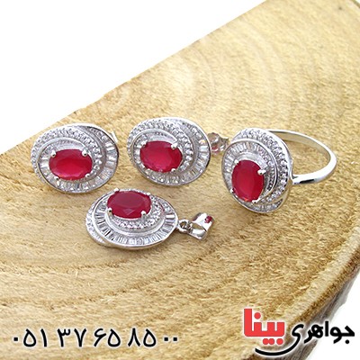 سرویس نقره زنانه نگین یاقوتی مدل مه گل _کد:10666