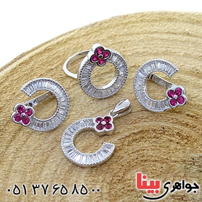 سرویس نقره زنانه نگین یاقوتی مدل سوسن _کد:10676