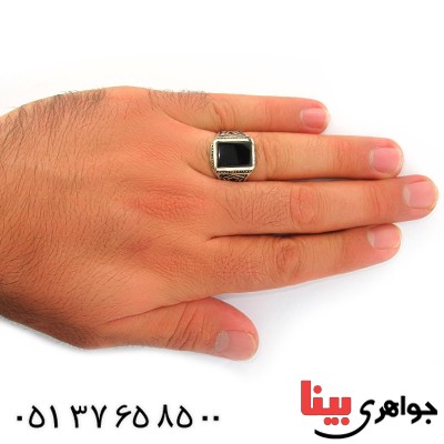 انگشتر عقیق سیاه (اونیکس) مردانه مدل گل _کد:10751