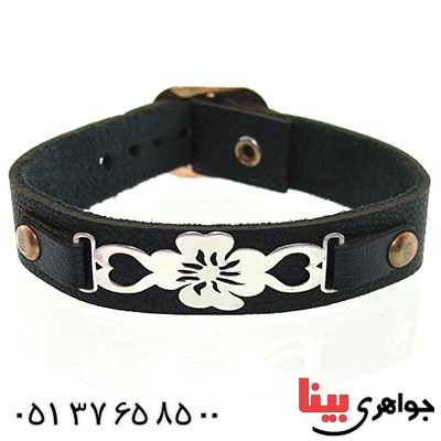 دستبند نقره و چرم طبیعی مدل گل _کد:10847
