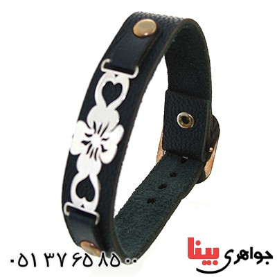 دستبند نقره و چرم طبیعی مدل گل _کد:10847
