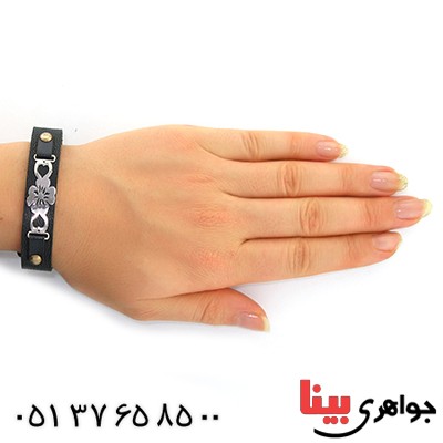 دستبند نقره و چرم طبیعی مدل گل _کد:10847