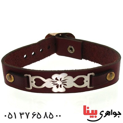 دستبند نقره و چرم طبیعی مدل گل _کد:10854