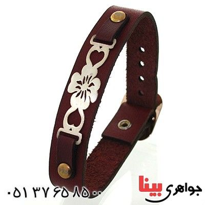 دستبند نقره و چرم طبیعی مدل گل _کد:10854