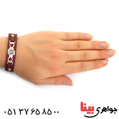 دستبند نقره و چرم طبیعی مدل گل _کد:10854