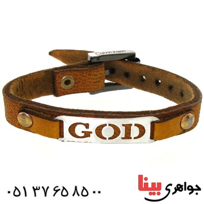 دستبند نقره و چرم طبیعی مدل GOD _کد:10869