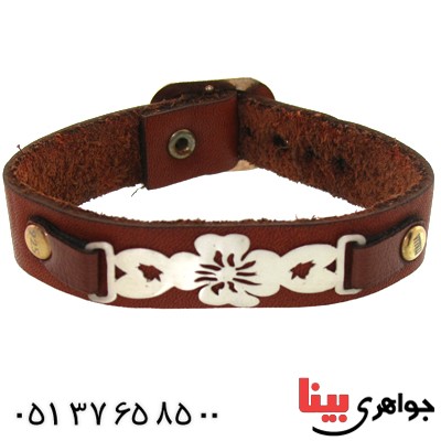 دستبند نقره و چرم طبیعی مدل گل _کد:10875