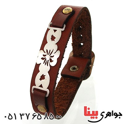 دستبند نقره و چرم طبیعی مدل گل _کد:10875