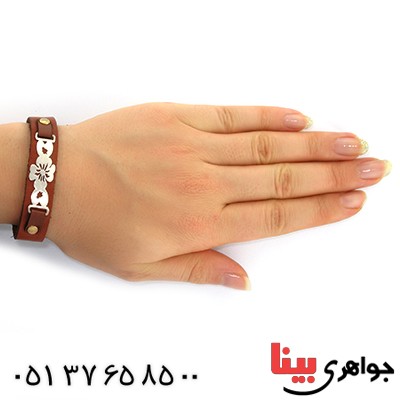 دستبند نقره و چرم طبیعی مدل گل _کد:10875