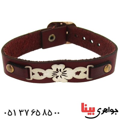 دستبند نقره و چرم طبیعی مدل گل _کد:10898