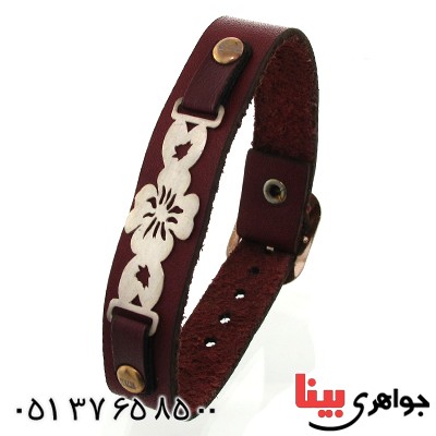 دستبند نقره و چرم طبیعی مدل گل _کد:10898