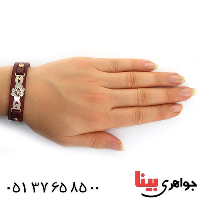 دستبند نقره و چرم طبیعی مدل گل _کد:10898