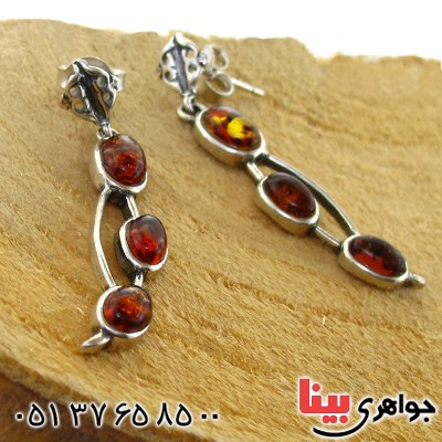 گوشواره کهربا درجه یک مدل آویز سه نگین _کد:11013