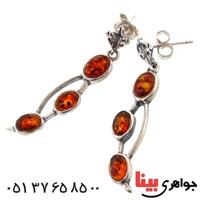گوشواره کهربا درجه یک مدل آویز سه نگین _کد:11013