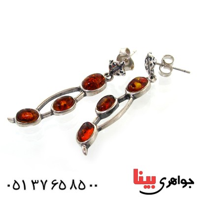 گوشواره کهربا درجه یک مدل آویز سه نگین _کد:11013