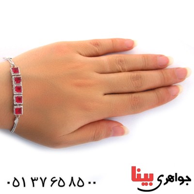 دستبند جید سرخ زنانه نگین دار مدل مربعی _کد:11018