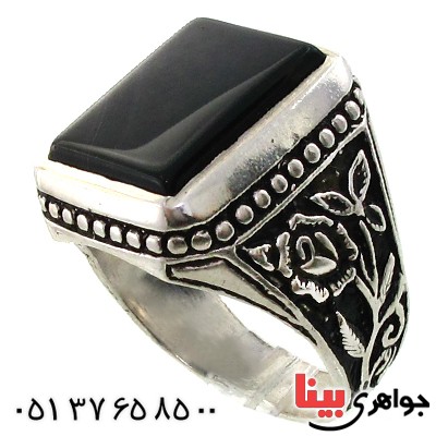انگشتر عقیق سیاه (اونیکس) خراسانی مردانه درشت طرح گل _کد:11085