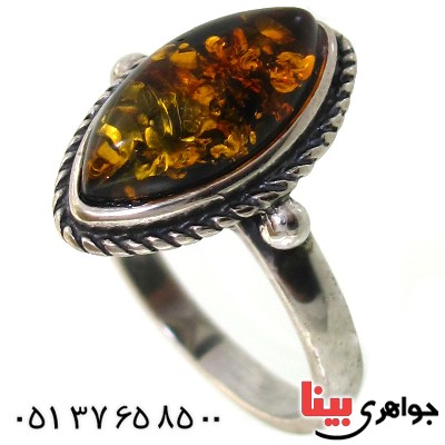 انگشتر کهربا درجه یک زنانه مدل گلبرگ _کد:11319