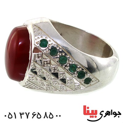 انگشتر عقیق یمنی دور زمرد مردانه درشت و فاخر _کد:1627