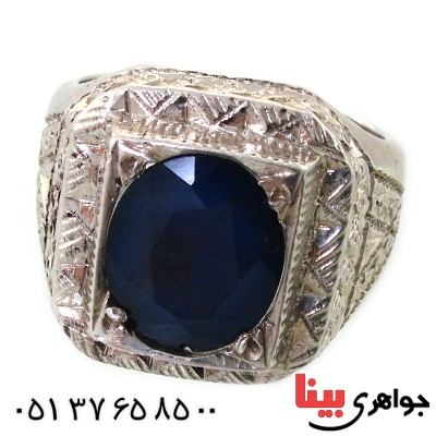 انگشتر یاقوت کبود مردانه درشت مربعی آینه کاری فاخر _کد:1630