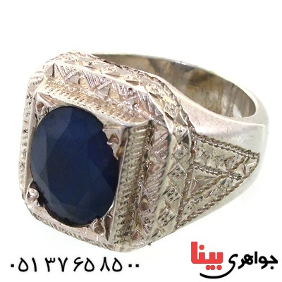 انگشتر یاقوت کبود مردانه درشت مربعی آینه کاری فاخر _کد:1630