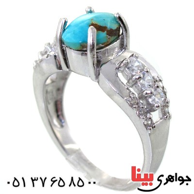 انگشتر فیروزه نیشابوری زنانه رودیوم لوکس مدل توران _کد:11398
