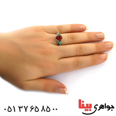 انگشتر چند جواهر عقیق یمنی و زمرد زنانه رادیوم لوکس _کد:11454