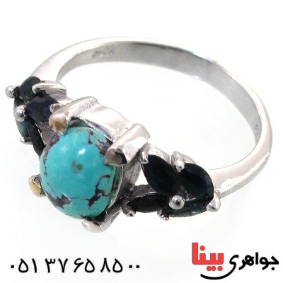 انگشتر فیروزه نیشابوری شجری و یاقوت زنانه رادیوم لوکس _کد:11609