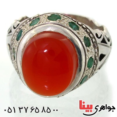 انگشتر عقیق یمنی اصیل مردانه دور زمرد اسلیمی شبکه ای _کد:1677