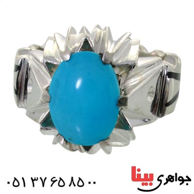 انگشتر فیروزه عجمی ناب مردانه درشت شیک سیاه قلم کاری شده _کد:1692