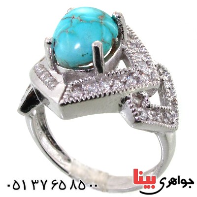 انگشتر فیروزه نیشابوری شجری درشت زنانه رودیوم لوکس _کد:11644
