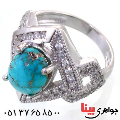 انگشتر فیروزه نیشابوری شجری درشت زنانه رودیوم لوکس _کد:11644