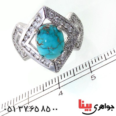 انگشتر فیروزه نیشابوری شجری درشت زنانه رودیوم لوکس _کد:11644