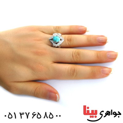 انگشتر فیروزه نیشابوری شجری درشت زنانه رودیوم لوکس _کد:11644
