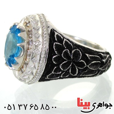 انگشتر توپاز و الماس ناب مردانه قلم زنی فاخر و مجلسی _کد:1698
